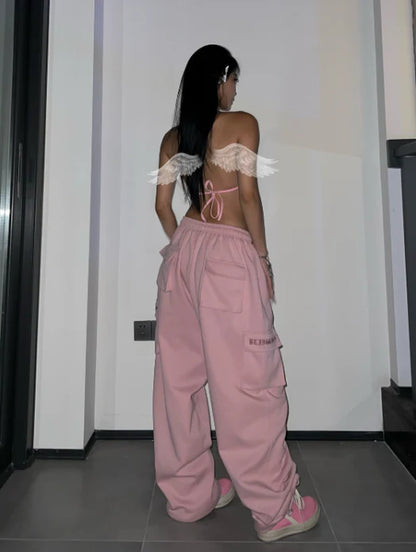 ZSIIBO Y2K Pink Wide-Leg Jogging Overalls - New Collection 2023